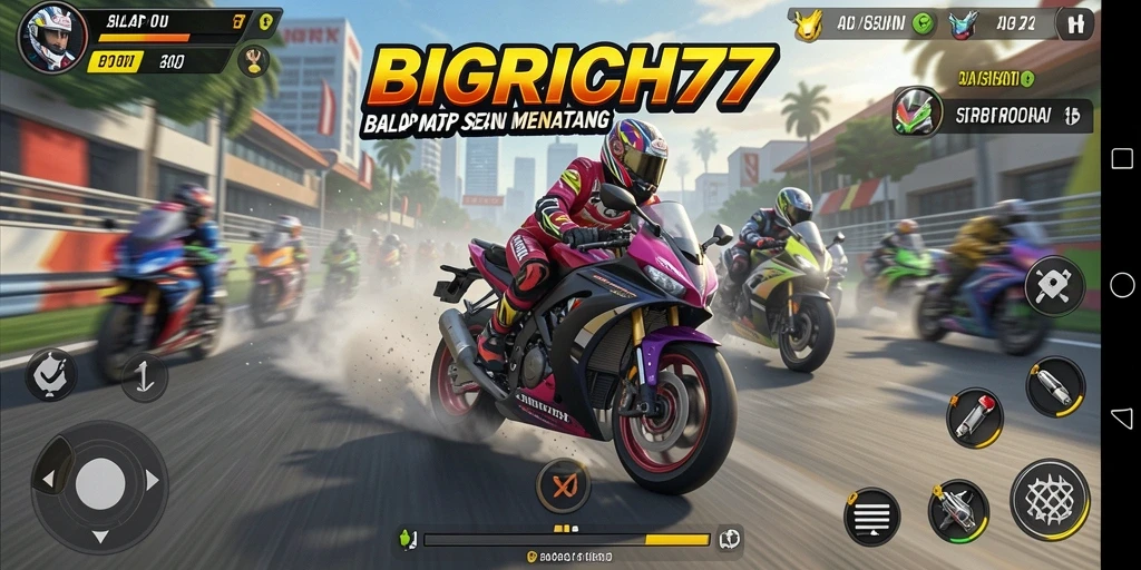 Tampilan menarik dari gameplay <strong>BIGRICH77</strong> saat balapan dengan kendaraan cepat.