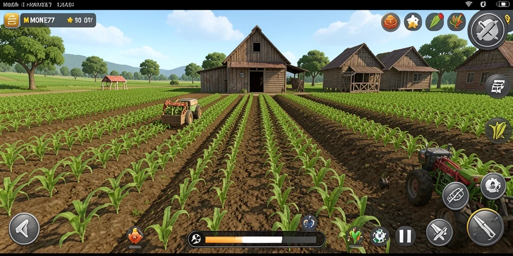 Screenshot utama MONTE77 menampilkan ladang dengan berbagai tanaman yang subur.