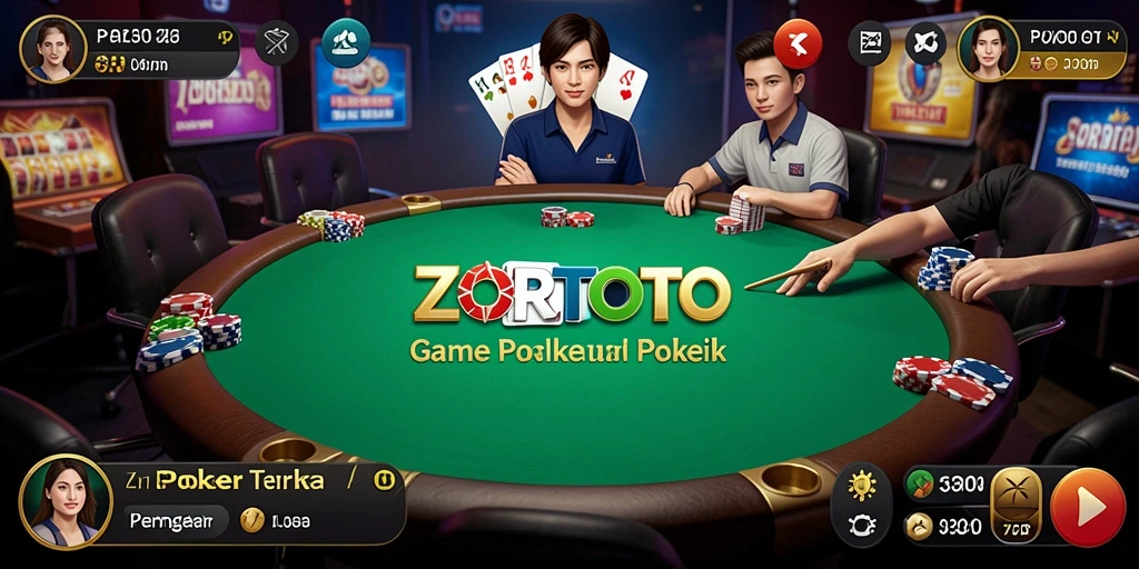 Tampilan gameplay ZORTOTO dengan berbagai kartu dan meja Poker.